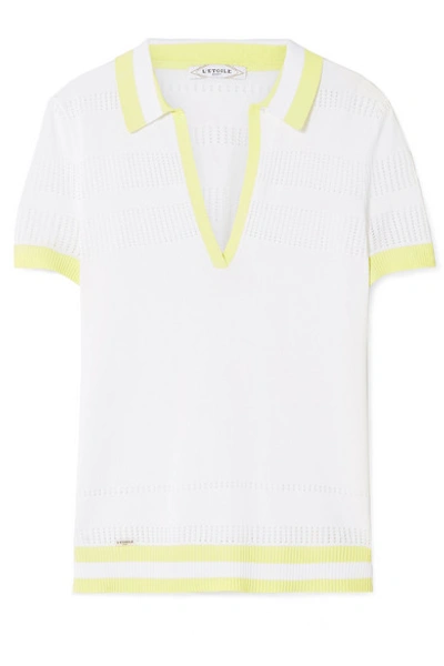 L'etoile Sport Pointelle-trimmed Striped Stretch-knit Polo Top In White