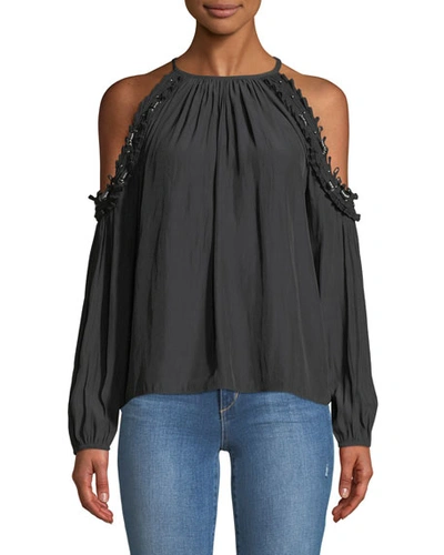 Ramy Brook Anne Beaded Cold-shoulder Blouse In Black