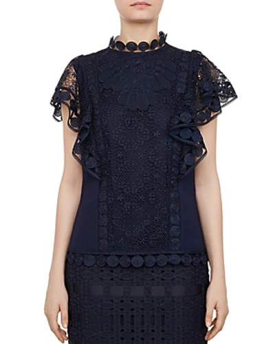 Ted Baker Gabbby Mixed-lace Top In Navy
