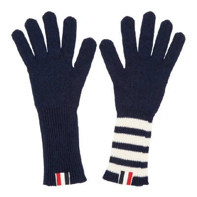 Thom Browne Navy Rib Cashmere Four Bar Gloves In 415 Navy
