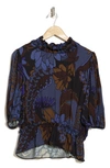 T Tahari Floral Print Ruffle Neck Peplum Crop Top In Black Brown Blue Retro Floral