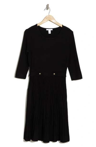 London Times Long Sleeve Pleated Flare Skirt Dress In Black