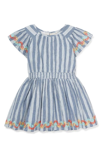 Peek Essentials Babies' Embroidered Stripe Smocked Waist Cotton Dress In Blue Stripe