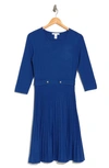 London Times Long Sleeve Pleated Flare Skirt Dress In Blue