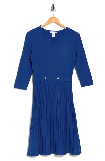 London Times Long Sleeve Pleated Flare Skirt Dress In Blue