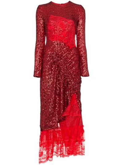 Preen By Thornton Bregazzi Mae Lace Insert Sequin Gathered Dress In Red