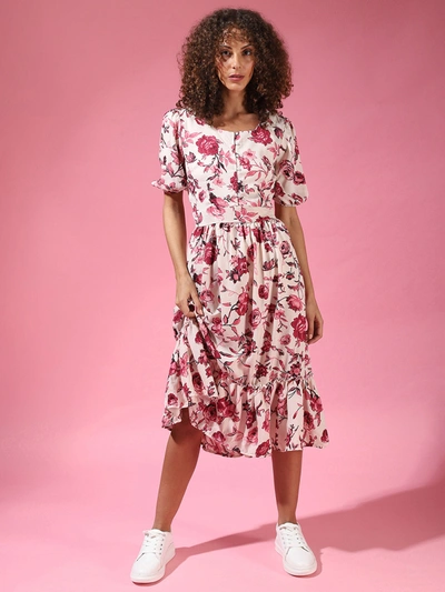 Campus Sutra Women Stylish Floral Design Casual Dresses In Pink