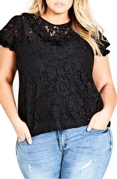 City Chic Lace Ruffle Top In Black