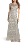 Tadashi Shoji Illusion Yoke Gown In Ash Grey