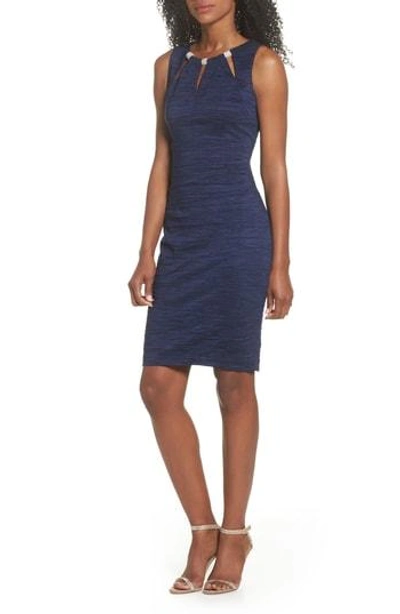 Eliza J Embellished Cutout Taffeta Sheath Dress In Navy