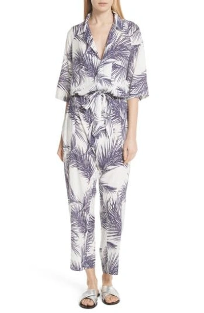 Paradised Apres Beach Print Jumpsuit In White/ Dark Purple