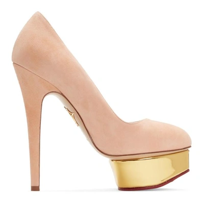 Charlotte Olympia Pink Suede Platform Dolly Heels In 691 Blush/gold