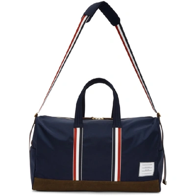Thom Browne Suede And Grosgrain-trimmed Canvas Duffle Bag In Navy