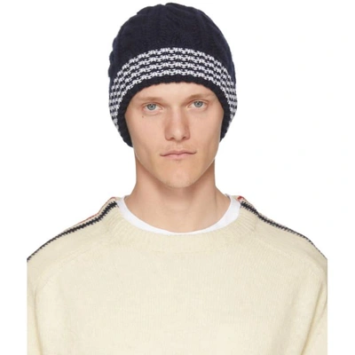 Thom Browne Navy Cashmere Cable Knit Four Bar Beanie In 415 Navy