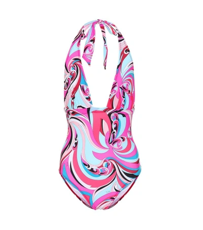 Emilio Pucci Beach Printed Halter Swimsuit In Multicoloured