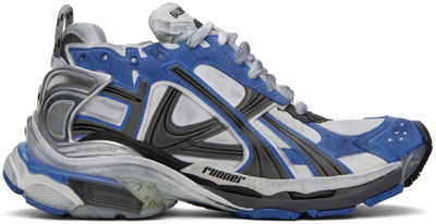 Balenciaga Runner Distressed Panelled Trainers In Blue