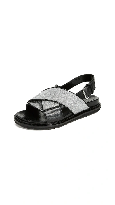 Marni Black And Silver Fussbett Cross-over Lurex Leather Sandals In Silver/black