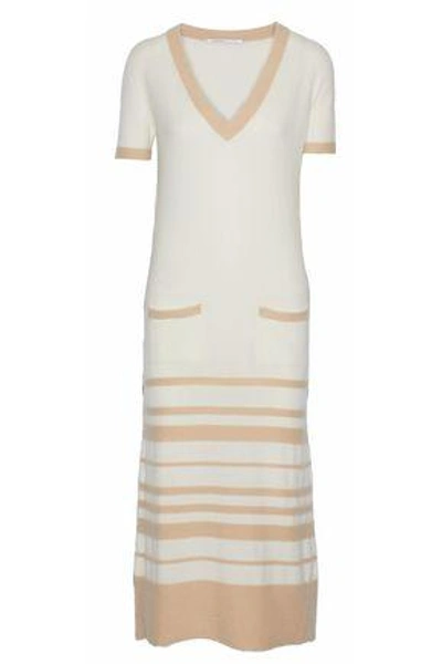 Agnona Woman Striped Cashmere Midi Dress Cream