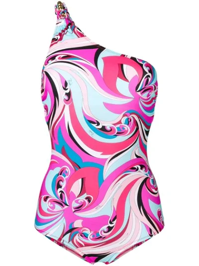 Emilio Pucci One-shoulder Embellished Printed Swimsuit In Pink