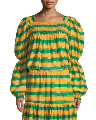 Double J Square-neck Striped Cropped Peasant Top In Yellow/green
