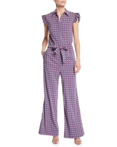 Double J Sleeveless Button-front Belted Wallpaper-print Wide-leg Jumpsuit In Multi Pattern