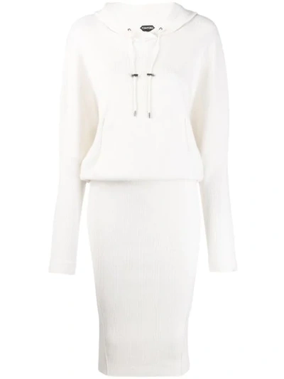 Tom Ford Long-sleeve Ribbed Stretch-cashmere Hooded Dress W/ Blouson Top In White