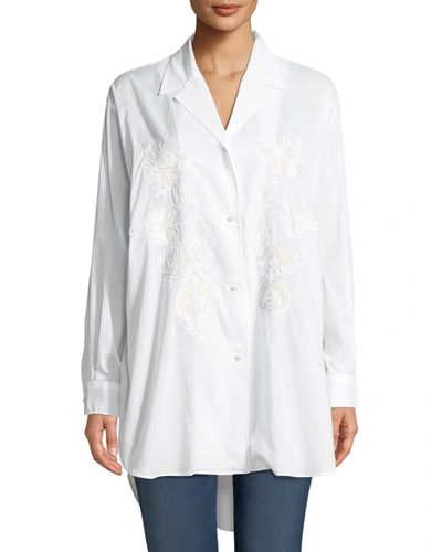 Etro Long-sleeve Button-front Cotton Tunic Shirt W/ Embroidery In White