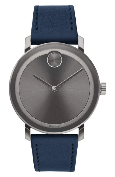 Movado Bold Leather Strap Watch, 40mm In Navy/ Grey