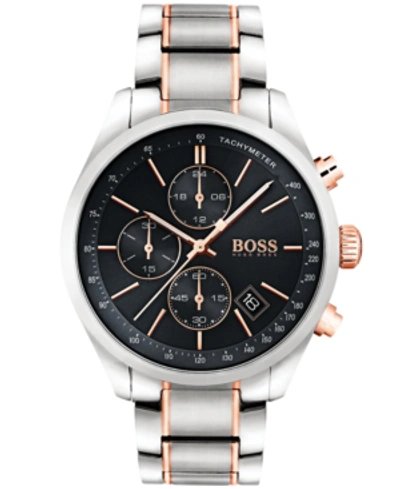 Hugo Boss Men's Chronograph Grand Prix Two-tone Stainless Steel Bracelet Watch 44mm In Black/ Silver