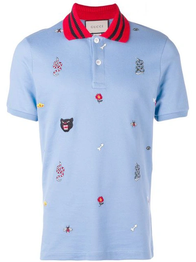 Gucci Embroidered Cotton Polo Shirt In Blue