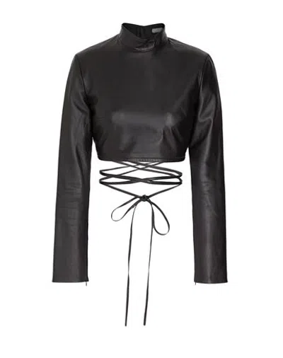 8 By Yoox Leather Mock-neck Crop Top Woman Top Black Size 12 Lambskin