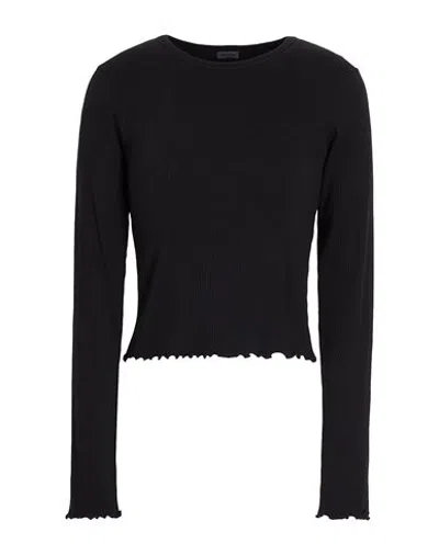 8 By Yoox Organic Cotton Crew-neck Long Sleeves Ribbed Top W/ Lettuce Hem Woman T-shirt Black Size X