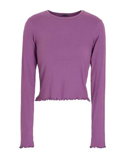 8 By Yoox Organic Cotton Crew-neck Long Sleeves Ribbed Top W/ Lettuce Hem Woman T-shirt Purple Size