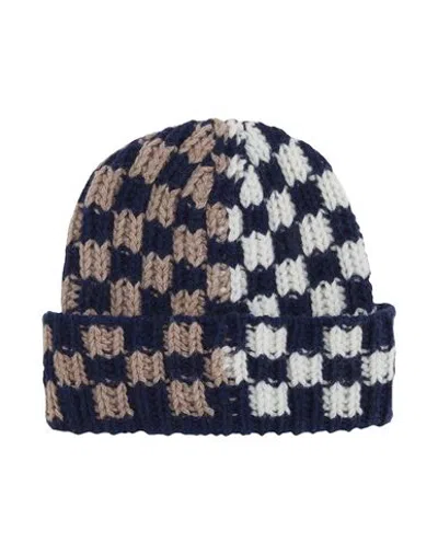 8 By Yoox Recycled Wool Bicolor Checked Beanie Hat Navy Blue Size Onesize Recycled Wool