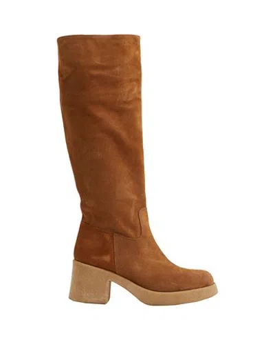 8 By Yoox Split Leather Boots Woman Knee Boots Camel Size 9 Calfskin In Beige