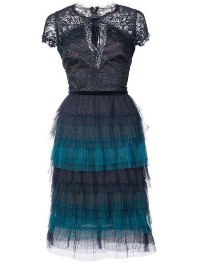 Marchesa Notte Tiered Lace Dress In Blue