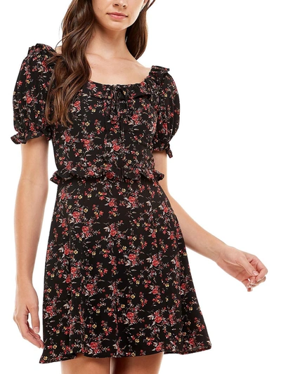 City Studio Juniors Womens Floral Open Back Fit & Flare Dress In Black