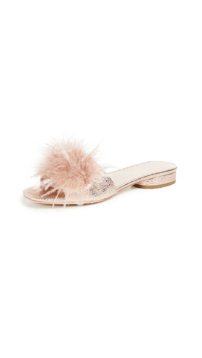 Loeffler Randall Lilly Crinkle Metallic Slide Sandal With Feather Pom In Rose Gold/buff Pink