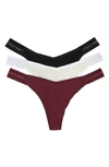Calvin Klein Refined Ribbed Thongs In Black/ Snow/ Burgundy