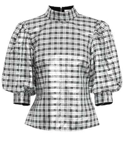 Ganni Mock Neck Checked Blouse In Metallic