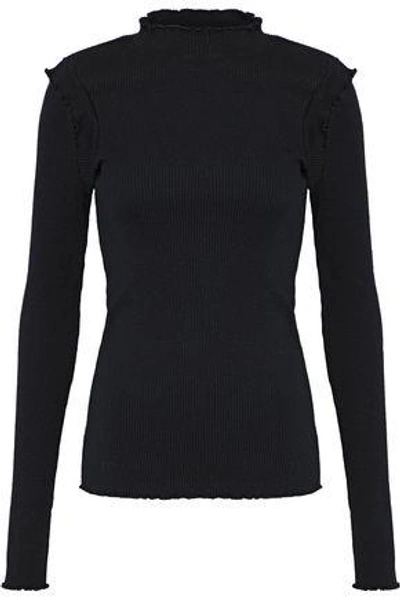 Current Elliott Woman Ruffle-trimmed Cotton Ribbed-knit Turtleneck Top Black