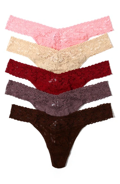 Hanky Panky Assorted 5-pack Lace Original Rise Thongs In Pklm/ Sand/ Fine/ Dusk/ Dcob
