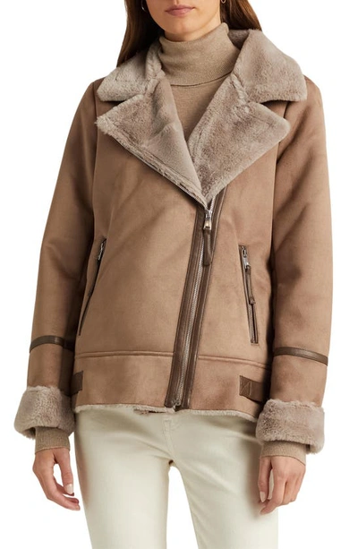 Lauren Ralph Lauren Faux Shearling Moto Jacket In Truffle