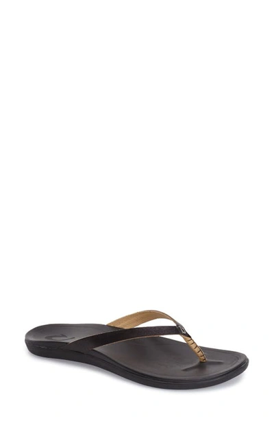 Olukai Ho Opio Leather Flip Flop In Onyx/ Black Leather