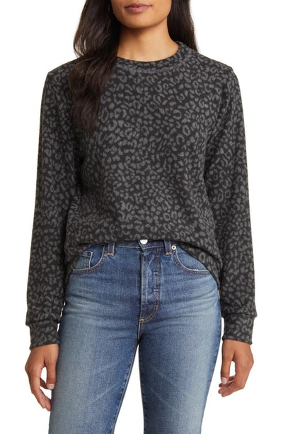 Loveappella Brushed Leopard Print Long Sleeve Crewneck Top In Black/ Gray