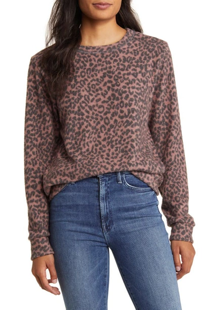 Loveappella Brushed Leopard Print Long Sleeve Crewneck Top In Mauve/ Black