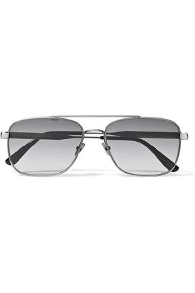 Bottega Veneta Woman Square-frame Embossed Leather-trimmed Oxidized Sunglasses Silver