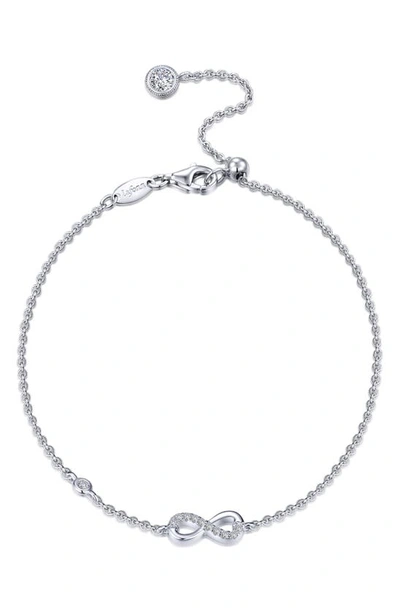 Lafonn Platinum Plated Sterling Silver Simulated Diamond Infinity Heart Charm Bracelet In Metallic