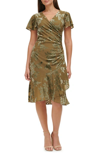 Kensie Floral Velvet Burnout Faux Wrap Midi Dress In Olive