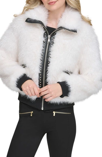 Karl Lagerfeld Shaggy Studded Faux Fur Bomber Jacket In White